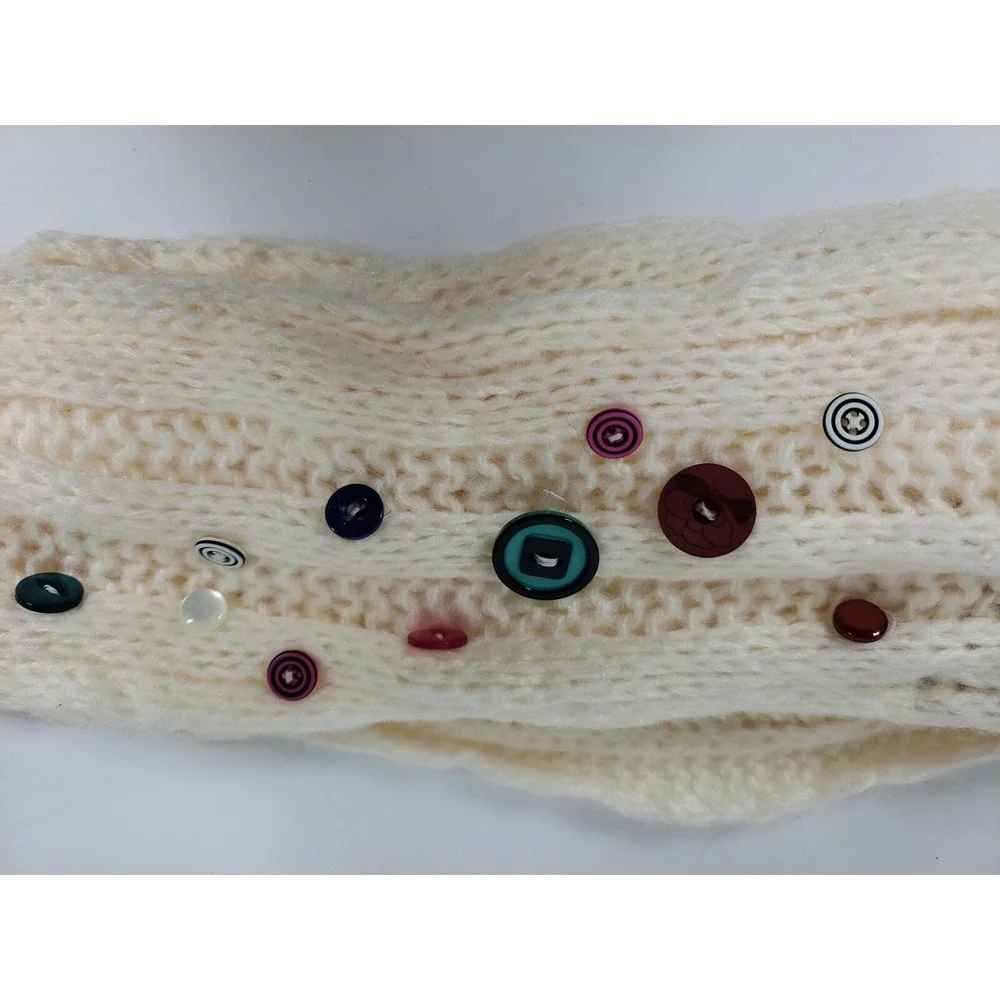 Unique American Rag Scarf w/ Fringe & Buttons Ivory w/ Blue Ribbon Winter - E1